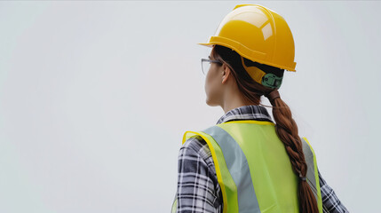 A woman in a hard hat and vest.