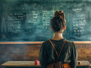 A woman standing in front of a blackboard. - Powered by Adobe