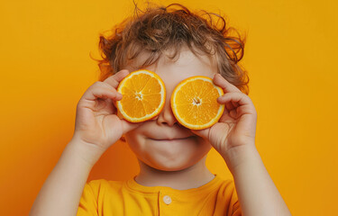 Cute boy holding orange slices over his eyes against a color background