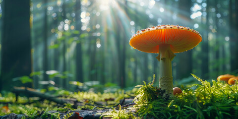 Enchanting Forest Mushrooms in Sunlit Woodland Scene - obrazy, fototapety, plakaty