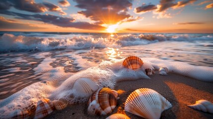 Waves approaching sea shells lying on sand during sunset 