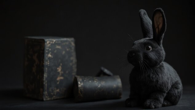 a black rabbit stuff toy in plain black background from Generative AI