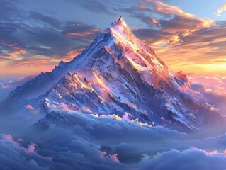 A majestic mountain peak rising above swirling clouds, with the first light of dawn painting the sky in hues of pink and gold alpine splendor The awe-inspiring beauty of the mountain landscape
