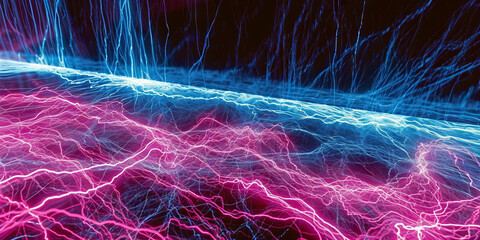 Electric Blue and Vibrant Pink Lightning Energy Abstract Background - obrazy, fototapety, plakaty