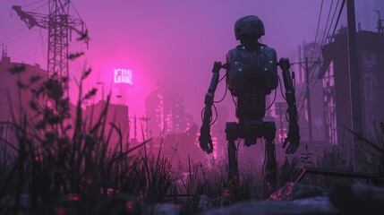 AI generated golem patrolling a dystopian district, sentinel of silicon, programmed patrol - obrazy, fototapety, plakaty