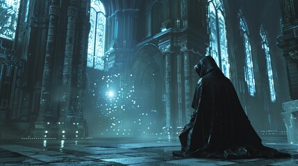 Android priest conducting a dark energy ritual, cyberpunk cathedral, technosorcery - obrazy, fototapety, plakaty
