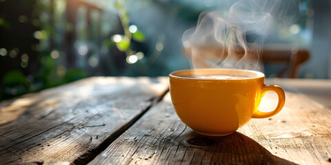 a cup of tea on a wooden table Wake up coffee cup Cozy winter background in the green garden A close-up of a steaming hot coffee cup against a rustic wooden tabletop - obrazy, fototapety, plakaty