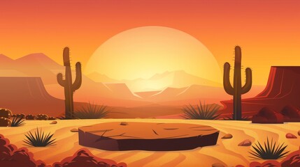Desert sunset with a sandstone podium, cacti silhouettes nearby, for adventure gear display