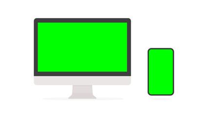 緑色のディスプレイのパソコンとスマホのセット - グリーンバック･クロマキー合成のテンプレート素材
 - obrazy, fototapety, plakaty