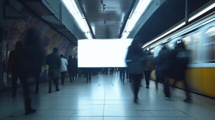 Urban Commute: Blank X Banner Amidst Bustling Subway Crowd