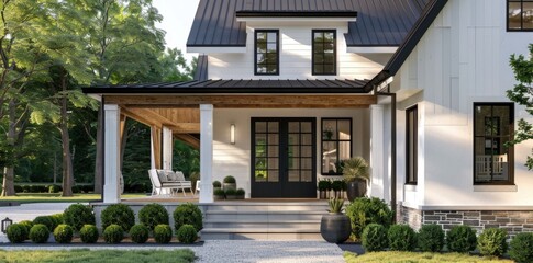 Fototapeta premium Modern architecture design in countryside home exterior.