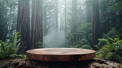 Handcarved wooden podium in a misty redwood forest, natureinspired for sustainable goods