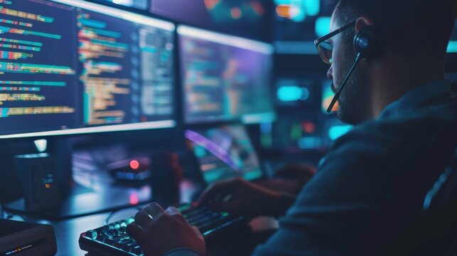 Late-Night Coding Session by Male Programmer in Modern Office