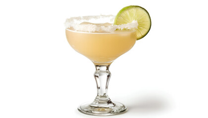 Glass of tasty margarita cocktail on white background