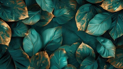 Opulent Foliage: Teal Leaves with Golden Detail