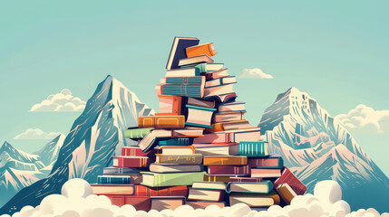 Mountain range of piled books, knowledge peaks, literary landscape - obrazy, fototapety, plakaty