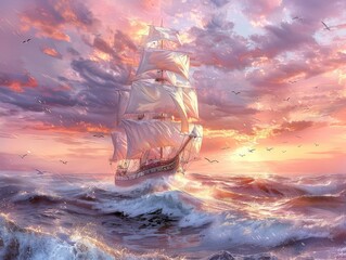 A majestic sailing ship cutting through choppy ocean waves, its billowing sails illuminated by the warm glow of sunset nautical adventure The vast expanse of the sea stretches to the horizon