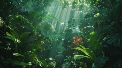 Musical rainforest with instrumentlike plants, symphonic ecosystem - obrazy, fototapety, plakaty
