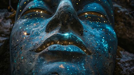 Nebulainfused statue with stars for eyes, galactic guardian, celestial wisdom - obrazy, fototapety, plakaty