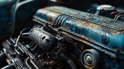 Old car engine. Motor and mechanism closeup - obrazy, fototapety, plakaty