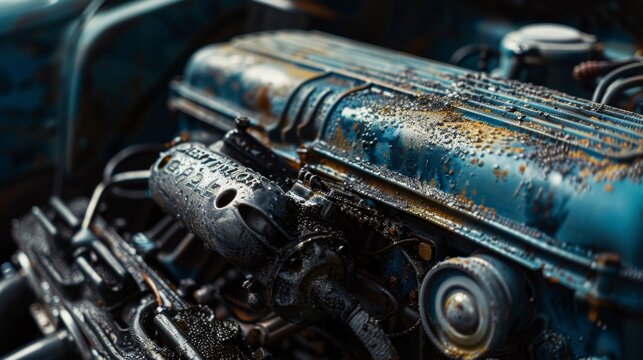 Old car engine. Motor and mechanism closeup