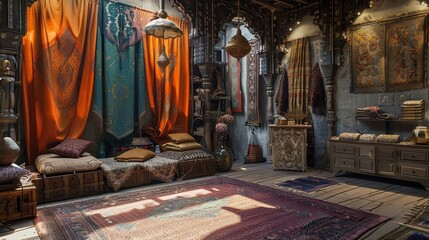 Silkdraped podium in a Moroccan bazaar setting, for exotic and luxurious merchandise - obrazy, fototapety, plakaty