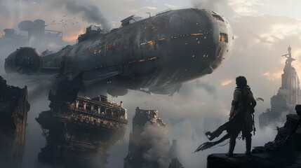 Steampunk explorer amidst airship ruins, lost technology, age of invention - obrazy, fototapety, plakaty