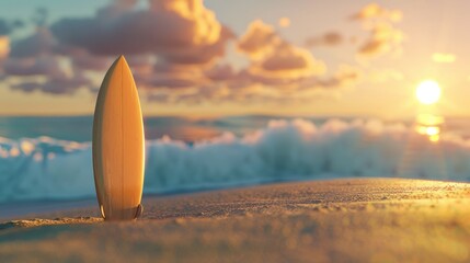 Sunset surfboard podium on a sandy beach, waves crashing, for summer and surf brands