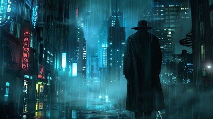 Supernatural detective in a virtual noir city, uncovering digital ghosts, cybermystery - obrazy, fototapety, plakaty