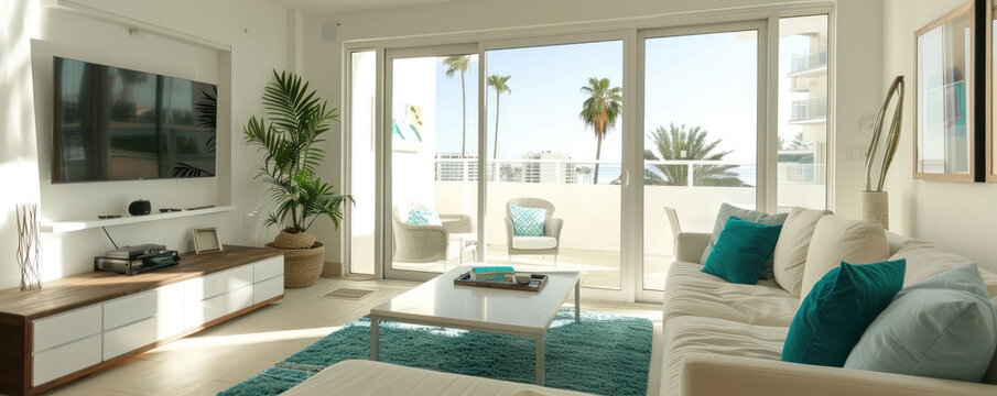 modern living room with white walls, glass door to a balcony and a big tv on the wall, a light blue turquoise rug on the floor, modern furniture, daylight, wide angle shot