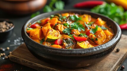 bowl of vibrant vegetable curry, highlighting the array of spices and colors