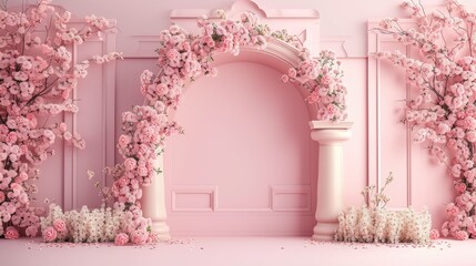 Romantic Pink Wall with Floral Arch and Side Flowers