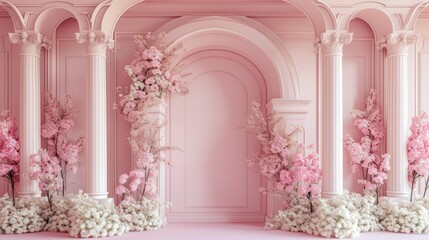 Fototapeta na wymiar Dreamy 3D Pink Wall Background with Floral Decor