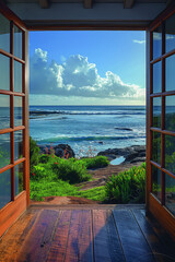 Offenes Fenster oder Tür mit Meerblick,Cape Leeuwin, Australia