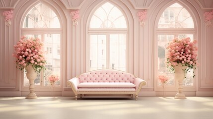 Elegant Wedding Scene: Pink Vintage Backdrop with Arched Doorways - obrazy, fototapety, plakaty