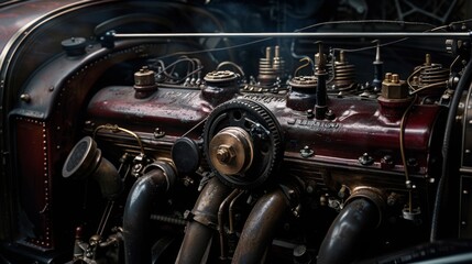 Fototapeta na wymiar Old car engine. Motor and mechanism closeup