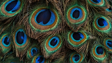 Obraz premium blue and green feathers of peacock close-up from Generative AI
