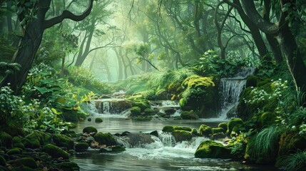 The beauty of the river flowing through the lush green forest