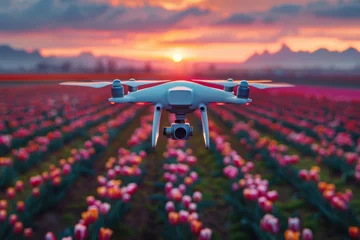 Fotobehang Sunset Drone Flight Over Colorful Tulip Fields © smth.design