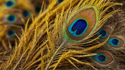 Fototapeta premium yellow feathers of peacock close-up from Generative AI