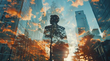 Business executive man wearing suit walking on green city street with skyscrapers double exposure of summer forest with trees on buildings