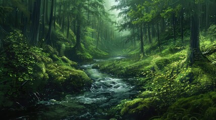 The beauty of the river flowing through the lush green forest