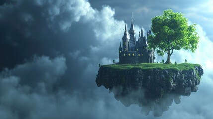 Skyborne Stronghold: Dark Fantasy Castle on High - obrazy, fototapety, plakaty