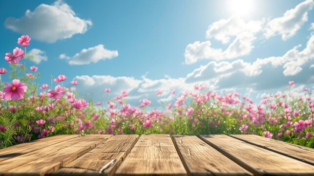 Tranquil Meadow: Pink Flowers Adorn Rustic Wood