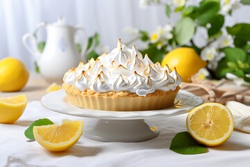 Obraz na płótnie Canvas Lemon meringue pie on plate white on wooden table.