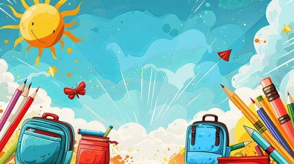 Various backpacks placed on top of a lush green field under the sky.