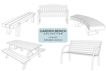 Outdoor benches and table line drawing outline garden furniture editable vector collection park bench 