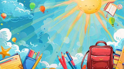 a set of different school items in the center, on the sides there is a background of the sky and sun rays. Abstract background.