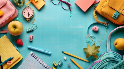 A blue table is filled with an assortment of school supplies such as notebooks, pens, pencils, rulers, and markers.