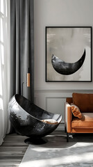 mockup poster frame hanging above a contemporary metal sculpture, beside a cozy loveseat, modern interior, hyperrealistic photography